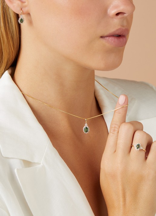 Diamond Point Geelgouden oorsieraden, 1.21 ct groene saffier, Eden - voorkant 4 geelgoud
