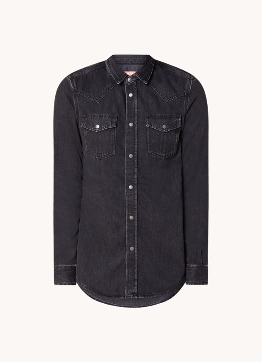 Diesel D-Vega regular fit overhemd van chambray met borstzakken - voorkant 3 zwart