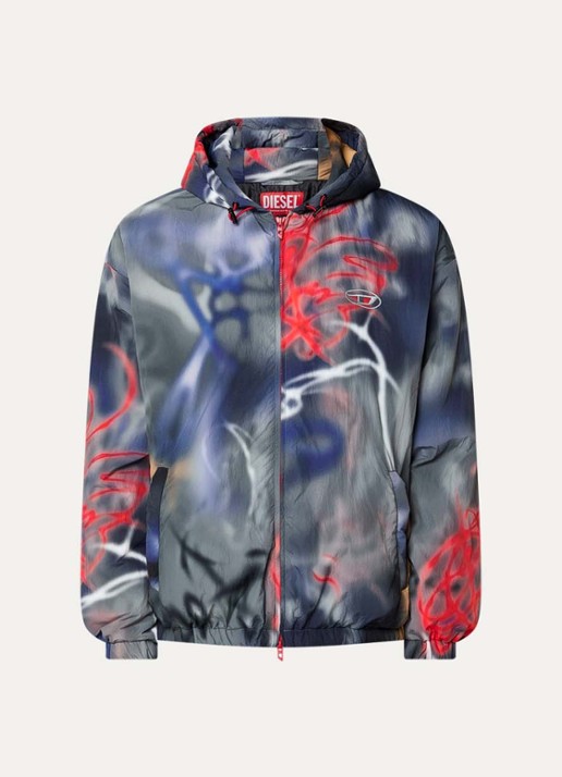 Diesel J-Mirr gewatteerd windjack met print en logoborduring - voorkant antraciet