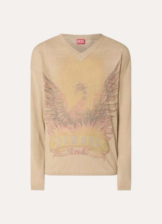Diesel K-Armins fijngebreide pullover van linnen met print - voorkant 2 beige
