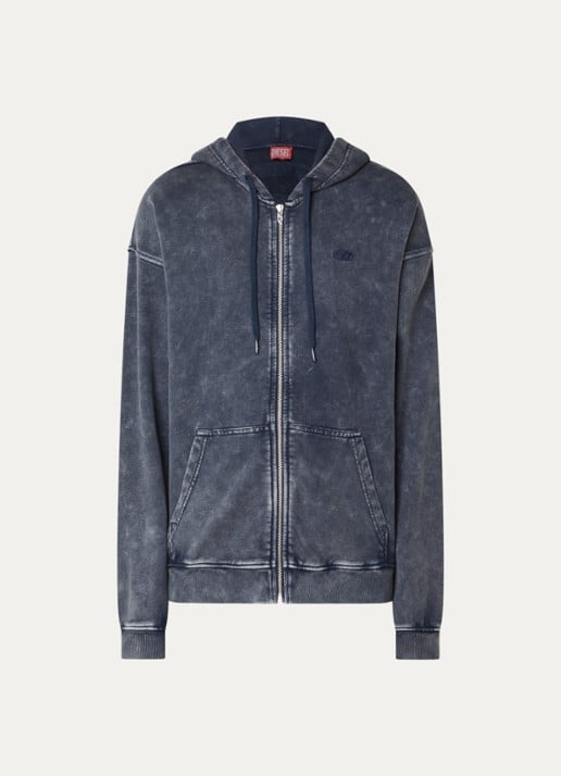 Diesel Sweatvest met capuchon en verwassen afwerking - voorkant donkerblauw