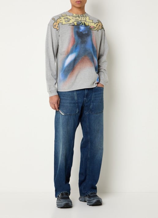 Diesel T-Boxt-Ls-V1 longsleeve met print en gemêleerd dessin - voorkant 2 grijsmele