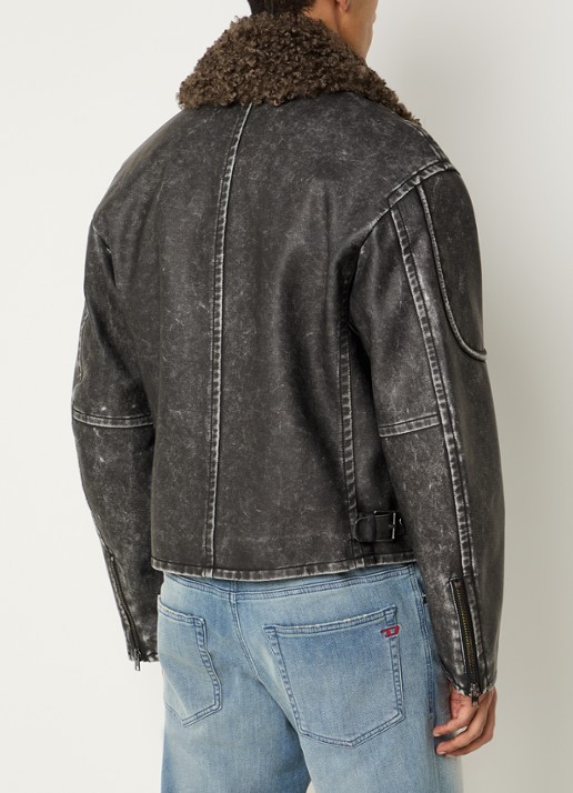 Diesel W-Alex lammy coat van imitatieleer met afneembare kraag van imitatiebont - achterkant 4 zwart