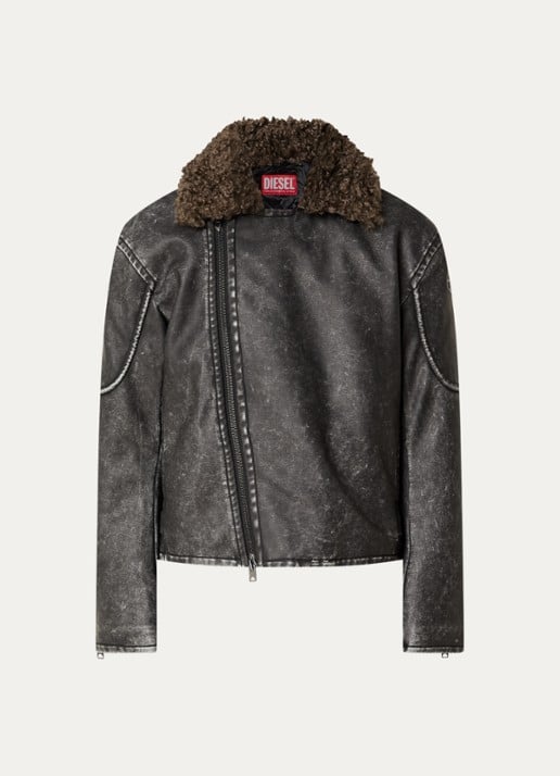 Diesel W-Alex lammy coat van imitatieleer met afneembare kraag van imitatiebont - voorkant zwart