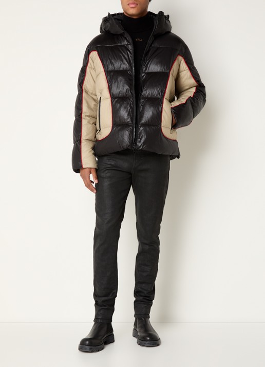 Diesel W-Ostend puffer jack met capuchon en ritszakken - voorkant 3 zwart