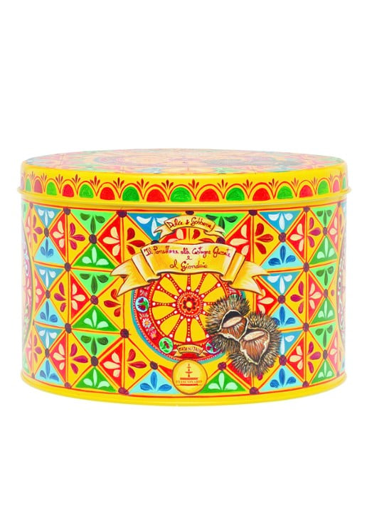 Dolce & Gabbana Fiasconaro panettone met gekonfijte kastanjes en gianduja-chocolade, bedekt met kastanjepuree en pure chocolade in bewaarblik 1 kg