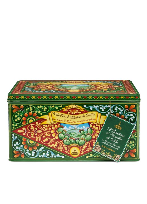 Dolce & Gabbana Fiasconaro panettone met smeerbare pistachecrème, omhuld met witte chocolade en pistachenoten in bewaarblik 600 gram