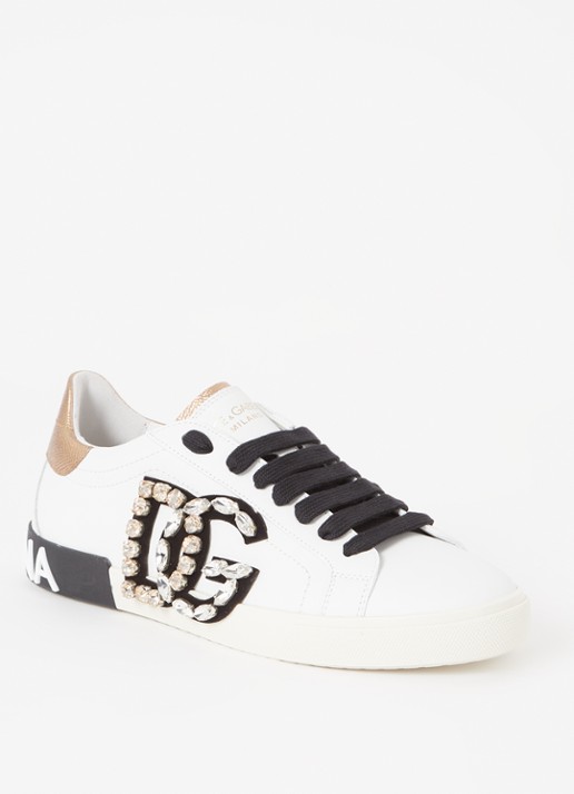 Dolce & Gabbana Portofino Vintage sneaker van kalfsleer met strass - voorkant wit