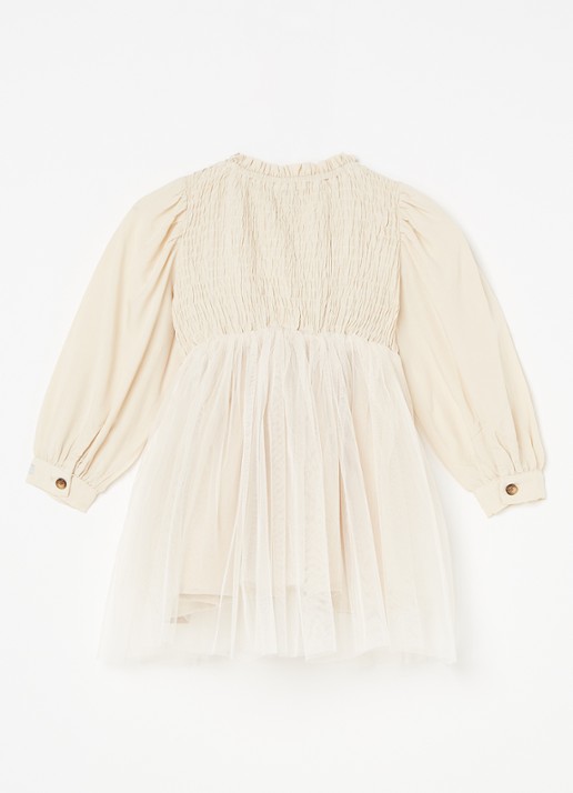 Donsje Amsterdam Janice A-lijn jurk in linnenblend met tule - achterkant 3 beige