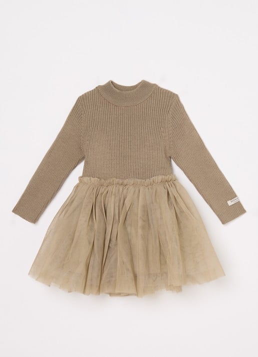Donsje Amsterdam Lotus jurk met details van mesh - voorkant 2 khaki