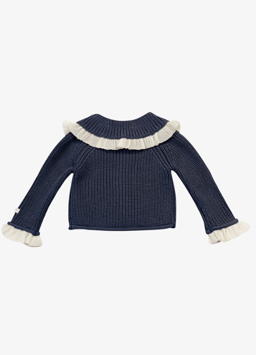 Donsje Amsterdam Zoila grofgebreid vest met ruches - achterkant donkerblauw