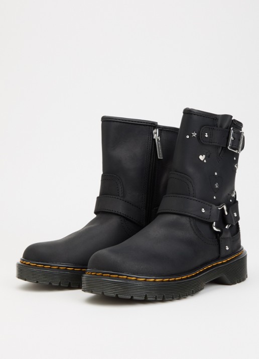 Dr. Martens Ganaya biker boot van leer met studs en doorgestikte details - voorkant 4 zwart