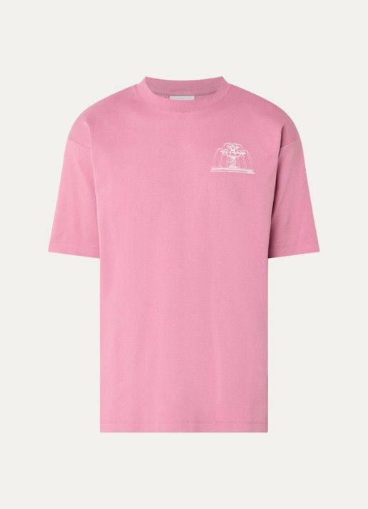 Drôle de Monsieur Fountain T-shirt met logo- en backprint - voorkant donkerroze