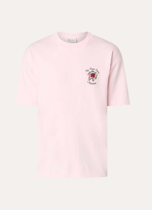 Drôle de Monsieur Slogan Rose T-shirt met logo- en backprint - voorkant 3 lichtroze
