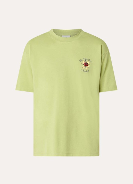 Drôle de Monsieur Slogan Rose T-shirt met logo- en backprint - voorkant 2 lime