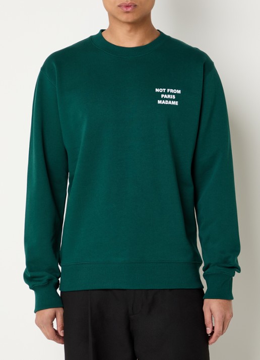 Drôle de Monsieur Slogan sweater met front- en backprint - achterkant 4 donkergroen