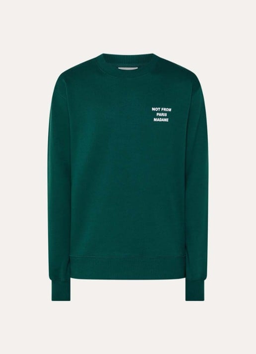 Drôle de Monsieur Slogan sweater met front- en backprint - voorkant donkergroen