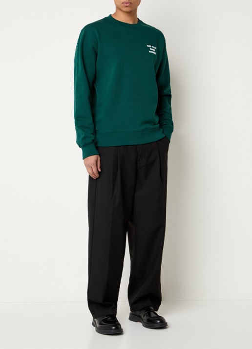 Drôle de Monsieur Slogan sweater met front- en backprint - voorkant 2 donkergroen