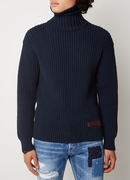 Dsquared2 Grofgebreide coltrui met destroyed afwerking en logo - detail 3 blauw
