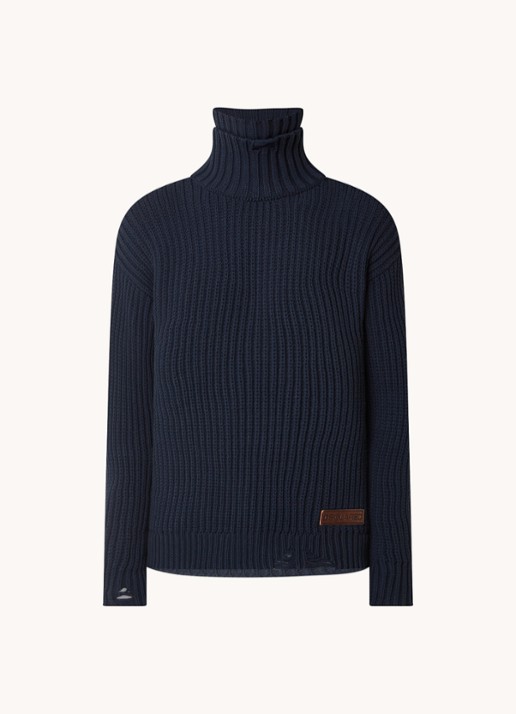 Dsquared2 Grofgebreide coltrui met destroyed afwerking en logo - voorkant blauw