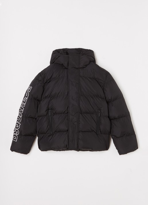 Dsquared2 Puffer jas met logoprint en capuchon - voorkant 2 zwart