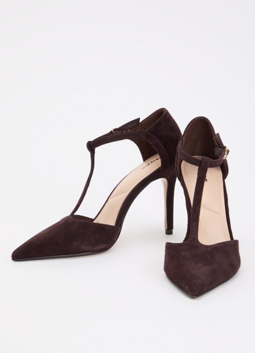 Dune London Castered pump met crocostructuur  - detail donkerbruin