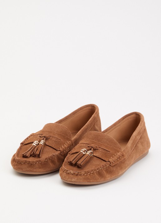 Dune London Geen mocassin van leer met franjes - detail cognac
