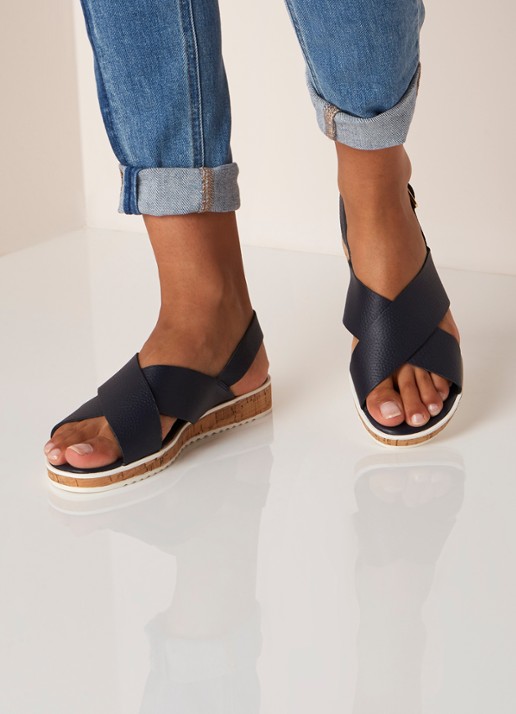 Dune London Lorde sandaal van leer met kurkzool - voorkant 2 donkerblauw