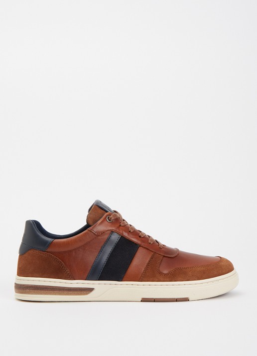 Dune London Terence sneaker van leer met details van suède - voorkant 4 oranjebruin