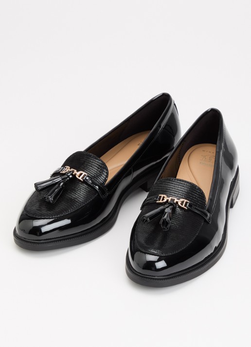 Dune London Wide Fit Gazeles loafer met lakfinish - detail zwart