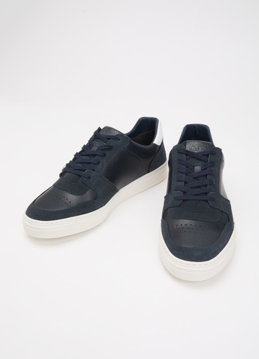 Dune London Wide Fit Tawly sneaker van leer met suède details - detail donkerblauw