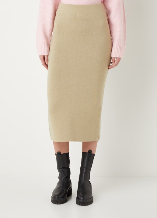EDITED Kali fijngebreide midi kokerrok in wolblend - detail khaki
