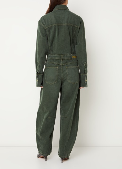 Essentiel Antwerp Balloon fit jumpsuit van denim met gekleurde wassing en borstzakken - achterkant 3 olijfgroen
