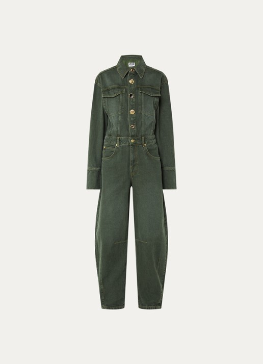 Essentiel Antwerp Balloon fit jumpsuit van denim met gekleurde wassing en borstzakken - voorkant olijfgroen