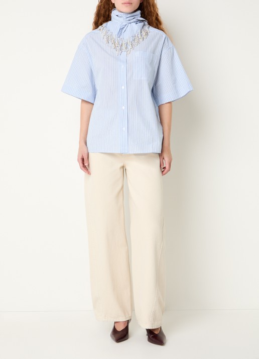 Essentiel Antwerp Blouse met streepprint en afneembare sjaalkraag - voorkant 4 lichtblauw
