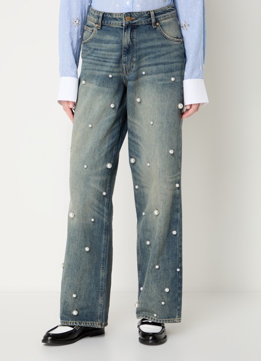 Essentiel Antwerp Held high waist wide leg jeans van  katoen met imitatieparels - detail 2 indigo