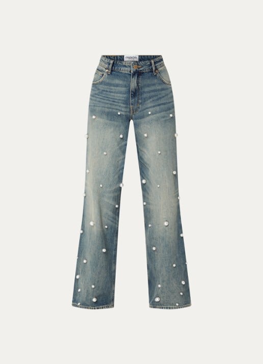 Essentiel Antwerp Held high waist wide leg jeans van  katoen met imitatieparels - voorkant 4 indigo