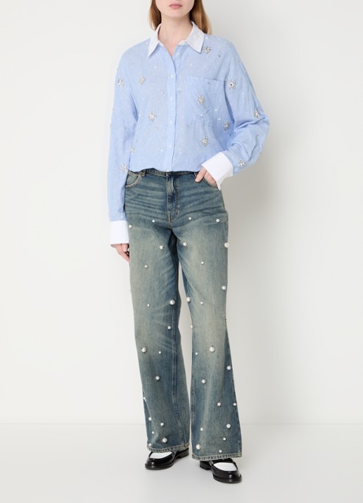 Essentiel Antwerp Held high waist wide leg jeans van  katoen met imitatieparels - voorkant 5 indigo