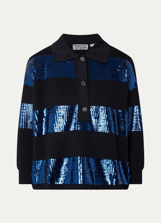 Essentiel Antwerp Illuminati polo met pailletten - voorkant 3 donkerblauw