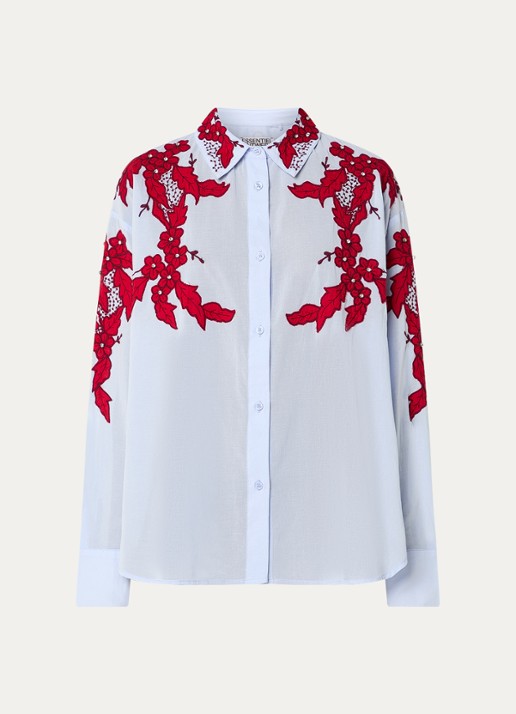 Essentiel Antwerp Inglewood blouse met bloemborduring en strass - voorkant 2 lichtblauw