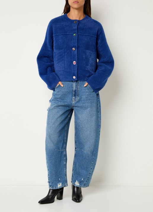 Essentiel Antwerp Intention fijngebreid vest met afneembare imitatiebontkraag - voorkant 2 donkerblauw