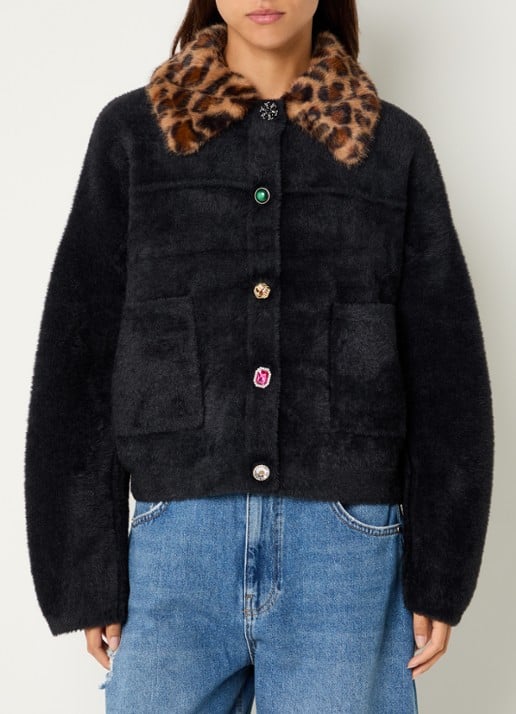 Essentiel Antwerp Intention fijngebreid vest met afneembare imitatiebontkraag - detail zwart