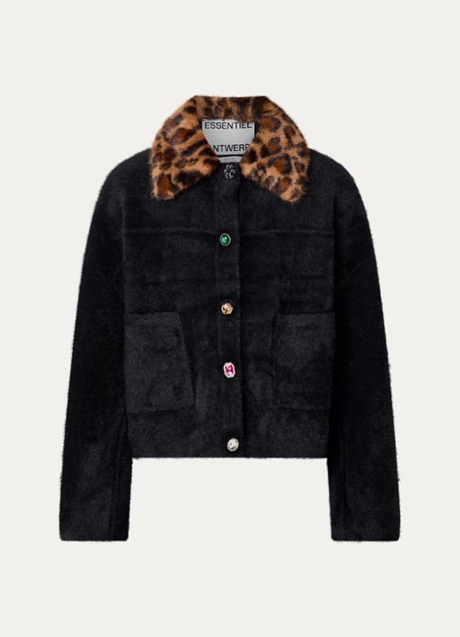 Essentiel Antwerp Intention fijngebreid vest met afneembare imitatiebontkraag - voorkant 2 zwart