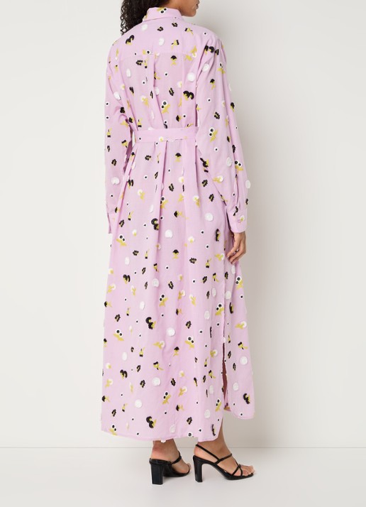 Essentiel Antwerp Jamanna midi blousejurk met bloemborduring en strikceintuur - achterkant lila