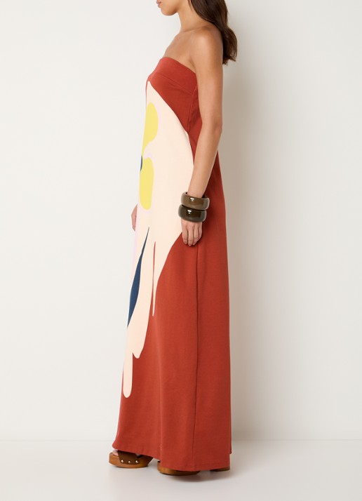 Essentiel Antwerp Jannick strapless maxi jurk met print - voorkant 4 oranjerood