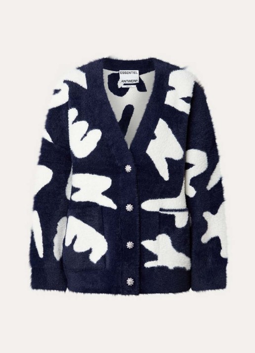 Essentiel Antwerp Jarden fijngebreid vest met ingebreid patroon - voorkant donkerblauw