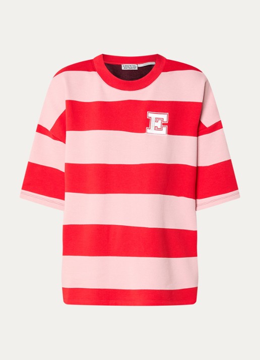 Essentiel Antwerp Jingenie sweater met streepprint  - voorkant rood