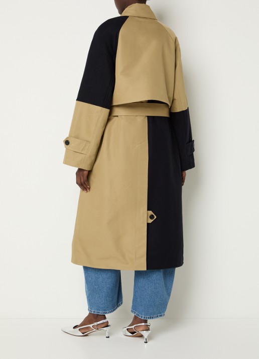Essentiel Antwerp Just trenchcoat in wolblend met patchwork - achterkant 3 khaki