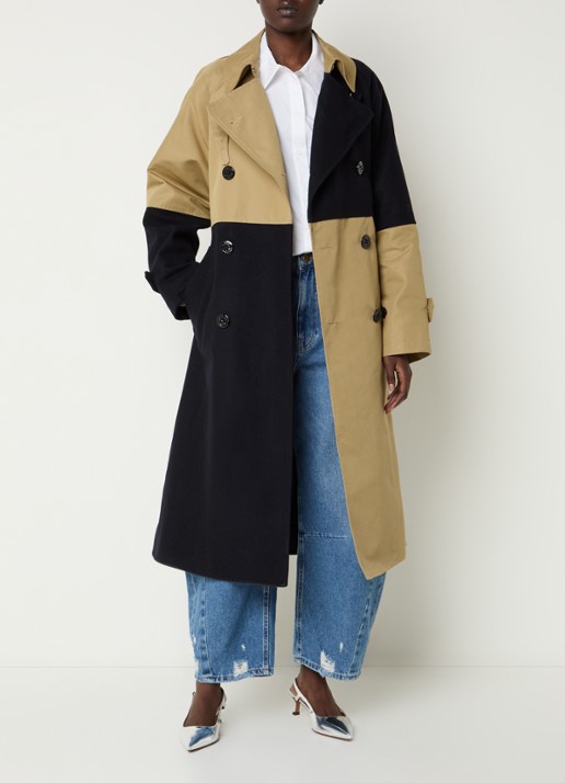 Essentiel Antwerp Just trenchcoat in wolblend met patchwork - voorkant 2 khaki