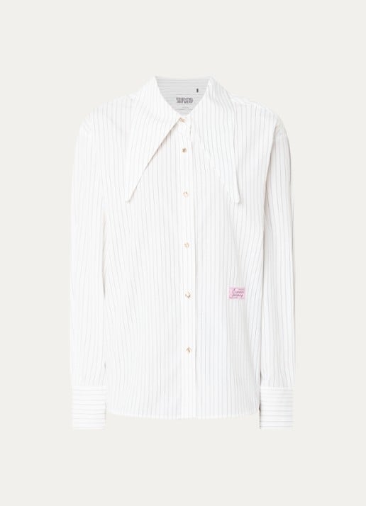 Essentiel Antwerp Kacao blouse met streepprint en logo - voorkant 3 wit